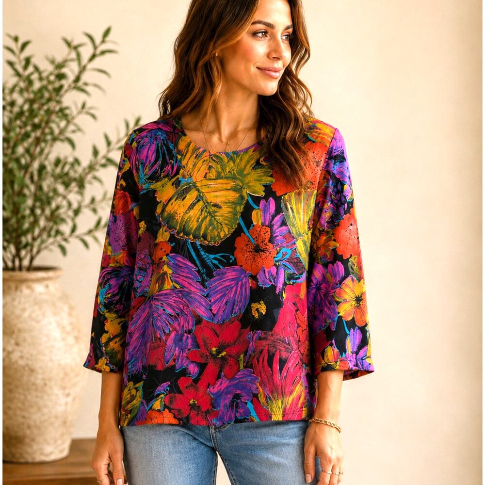Vintage Abstract Floral Blouse Size 10 Made in USA 100% Rayon Bold Print Top